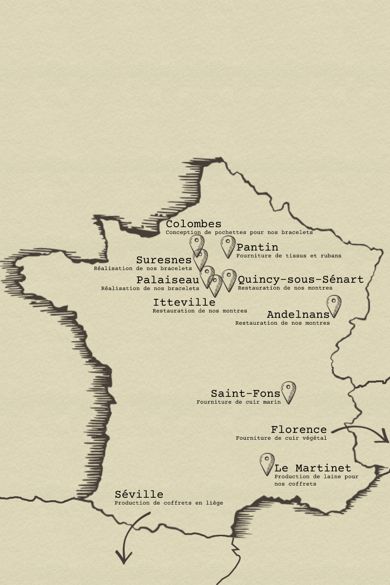 Carte des artisans horlogers, maroquiniers et fournisseurs responsables de la remontrerie, horlogerie raisonnée.