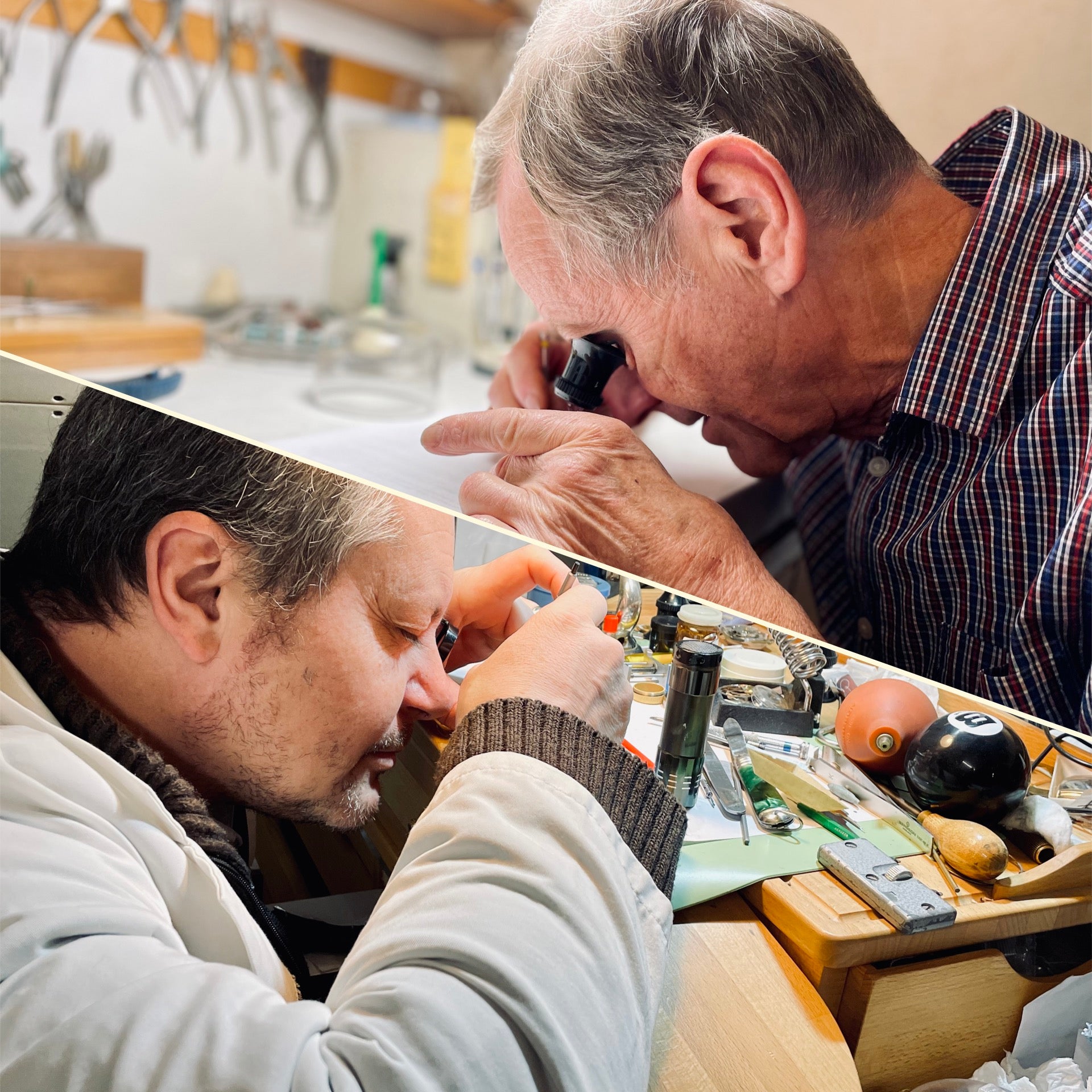 Didier et Cyril, horlogers de la remontrerie, restaurant une montre